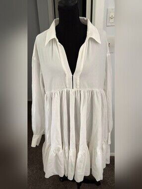 h&m white linen shirt dress Women's White Linen-blend shirt dress